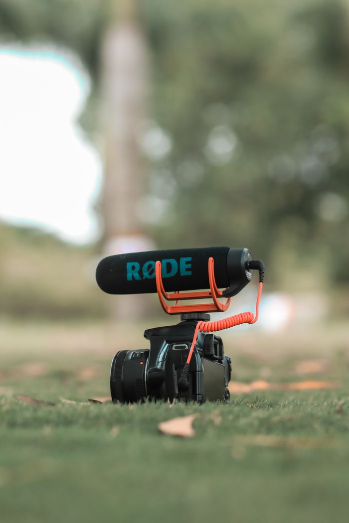 The Art of Drawing Readers In: Your attractive post title goes here Close-up of a camera with microphone on a lush green lawn outdoors.